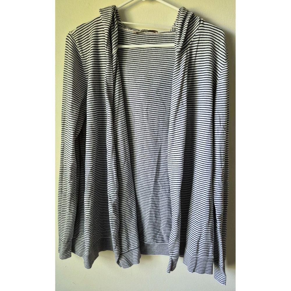 LOFT Striped Hooded Open Front Cardigan Womens Black White Lightweight Size M